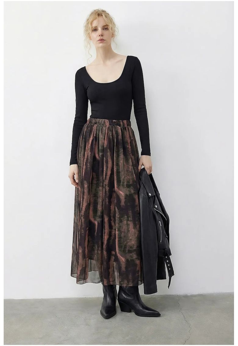 Fusta maxi - abstracta - talie inalta - maro - poliester