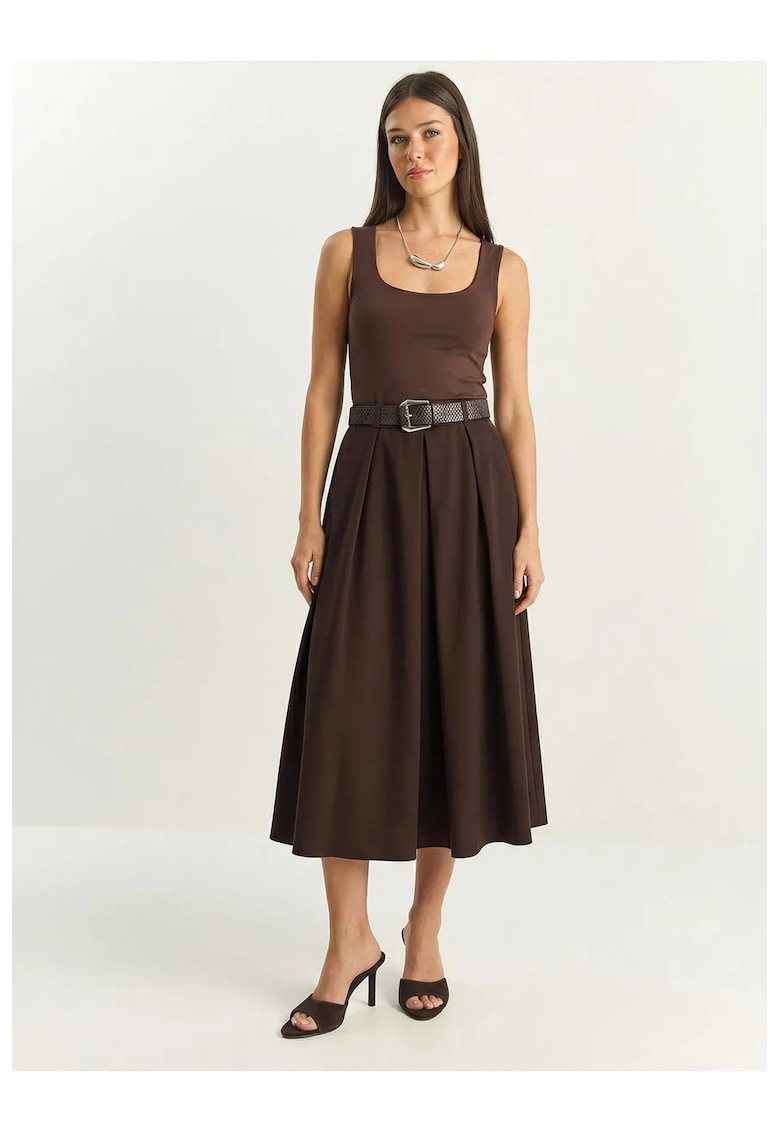 Fusta midi talie inalta - texturata - maro mocha - textil