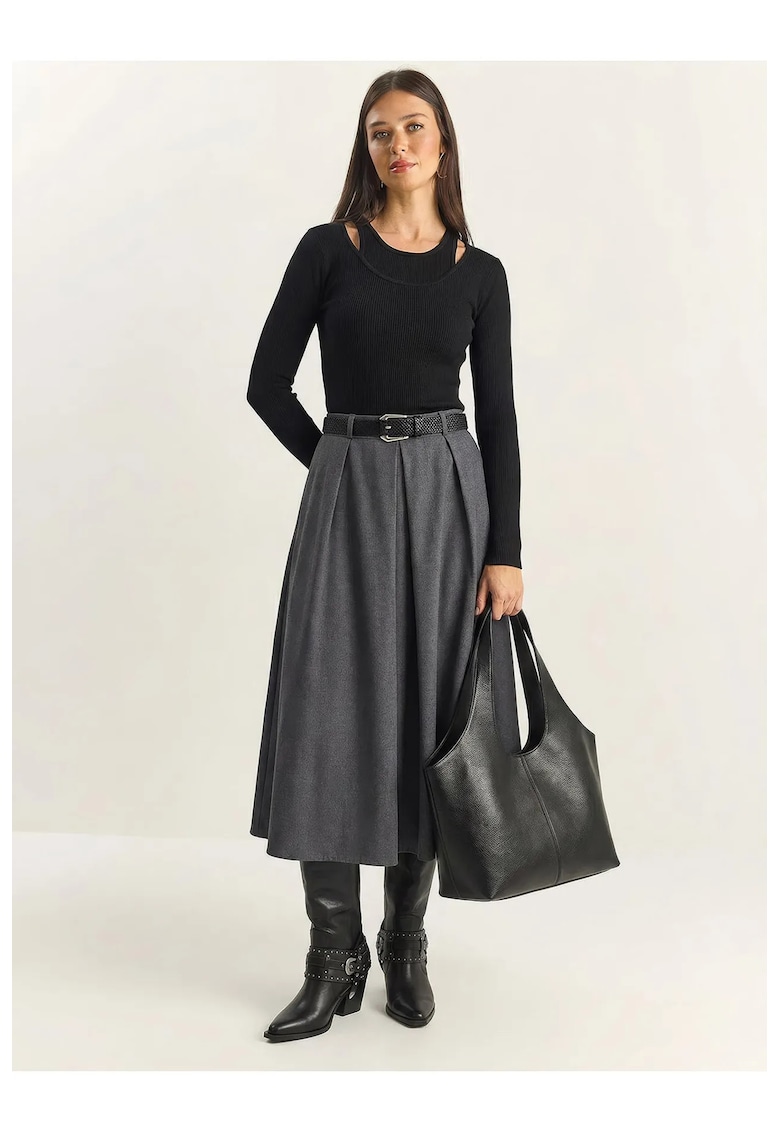 Fusta midi talie inalta - curea - gri - textil