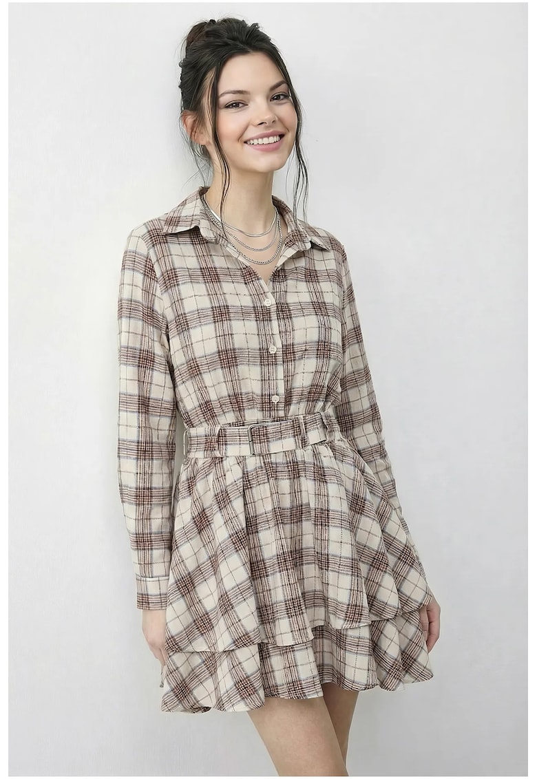 Rochie Camasa dama cu imprimeu in carouri - bej natural/maro - bumbac