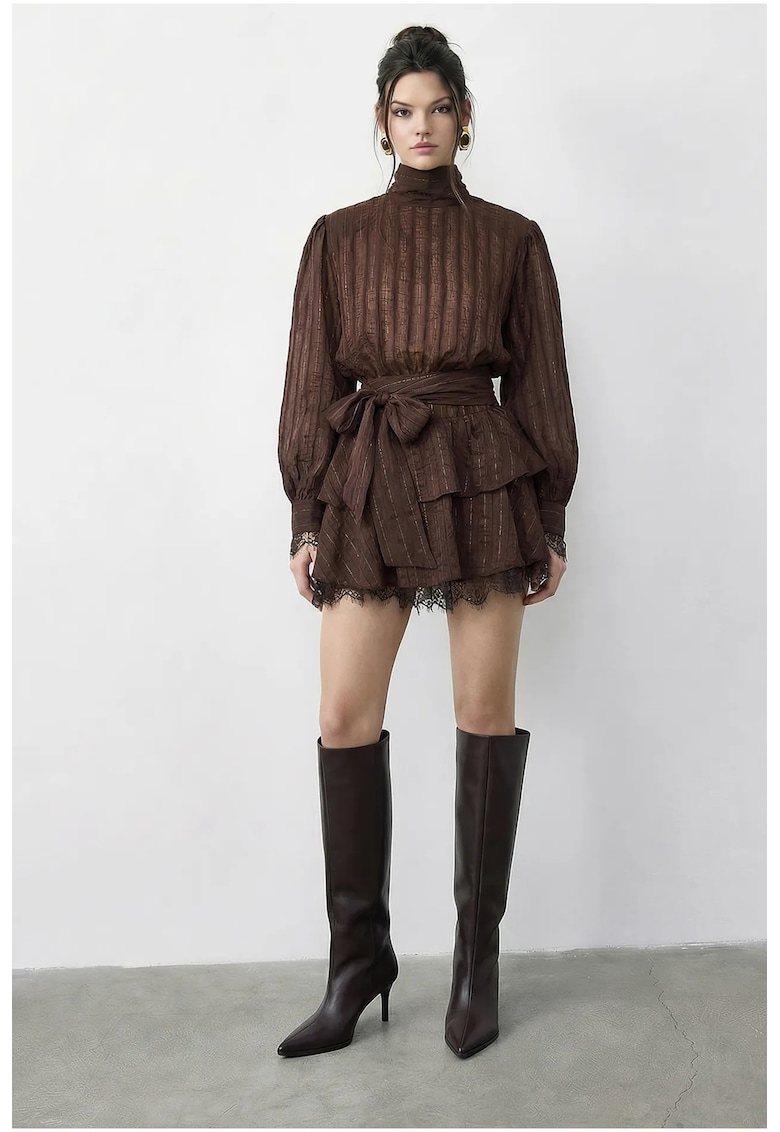 Rochie mini cu dungi - detalii din dantela - maro - poliester-bumbac