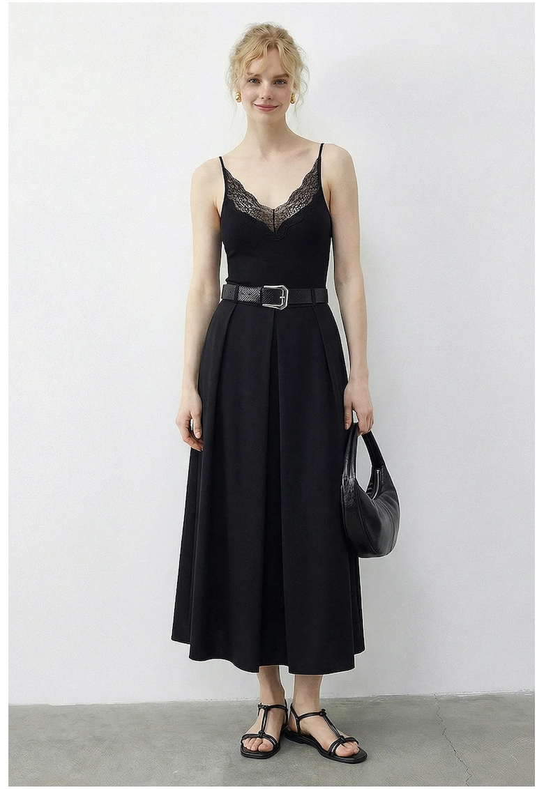 Fusta midi - talie inalta - curea - negru - textil