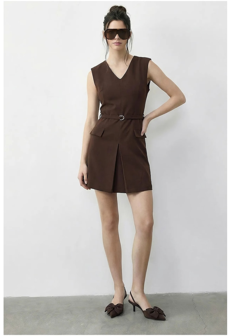 Rochie mini decolteu in V - curea - maro - poliester-elastan