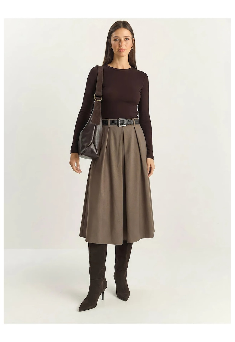 Fusta midi - talie inalta - cu curea - maro mocha - textil