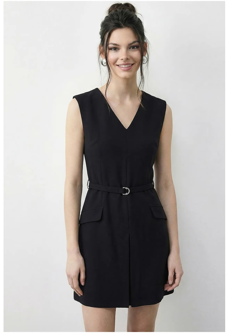 Rochie mini dama decolteu in V - poliester/elastan - neagra