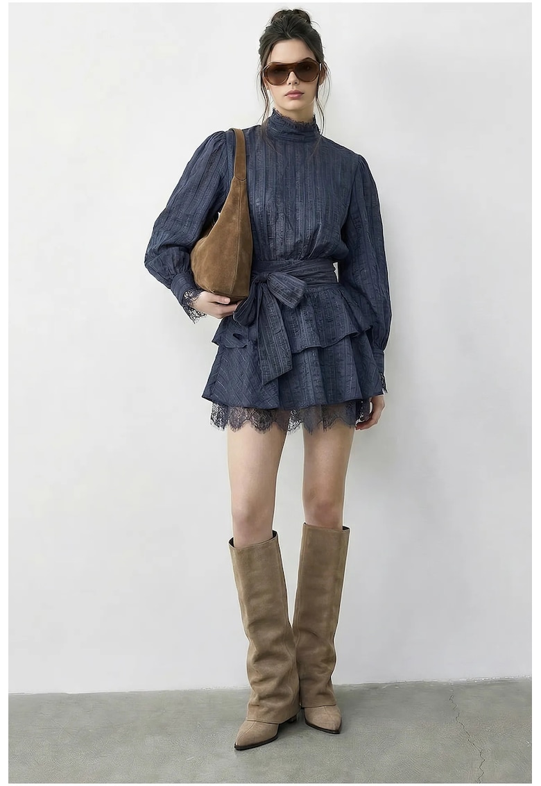 Rochie mini dama cu dungi - detalii din dantela - poliester/bumbac - albastru