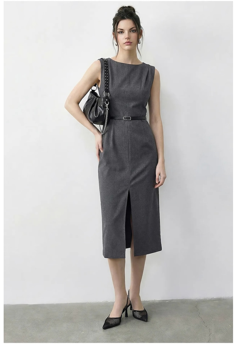 Rochie creion midi dama - cu centura - decolteu barca - textil - gri