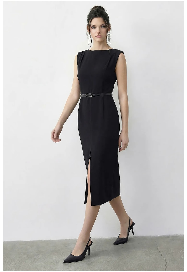 Rochie creion midi dama - cu centura - decolteu barca - textil - negru