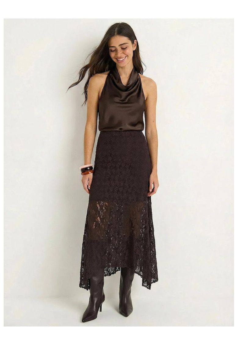 Fusta midi din dantela - croiala in A - maro moca - poliester-elastan