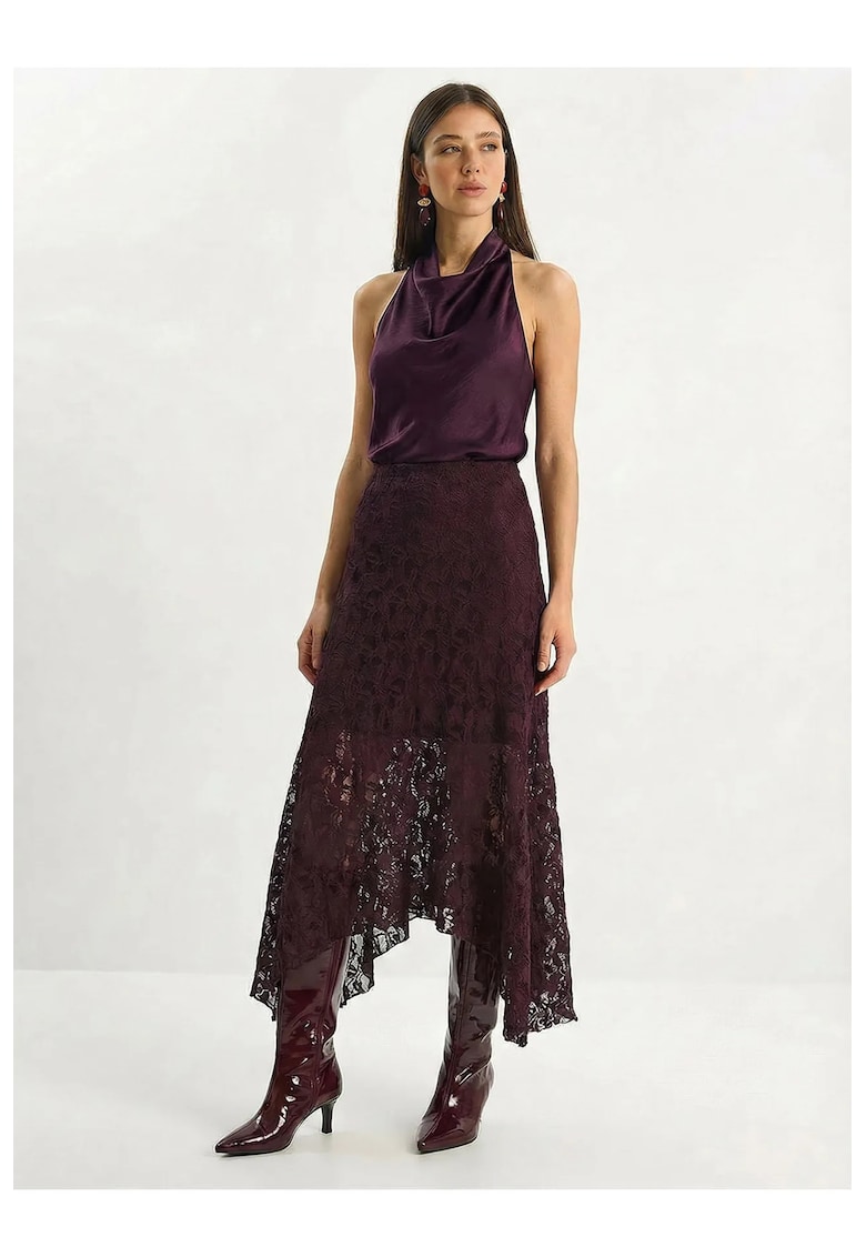 Fusta midi A-line - mov ametist - dantela - poliester/elastan