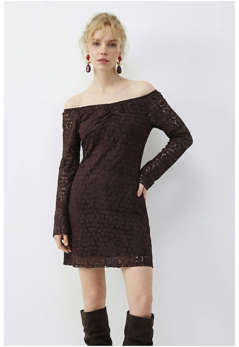 Rochie Mini Umeri Descoperiti - Maro - Poliester-Elastan