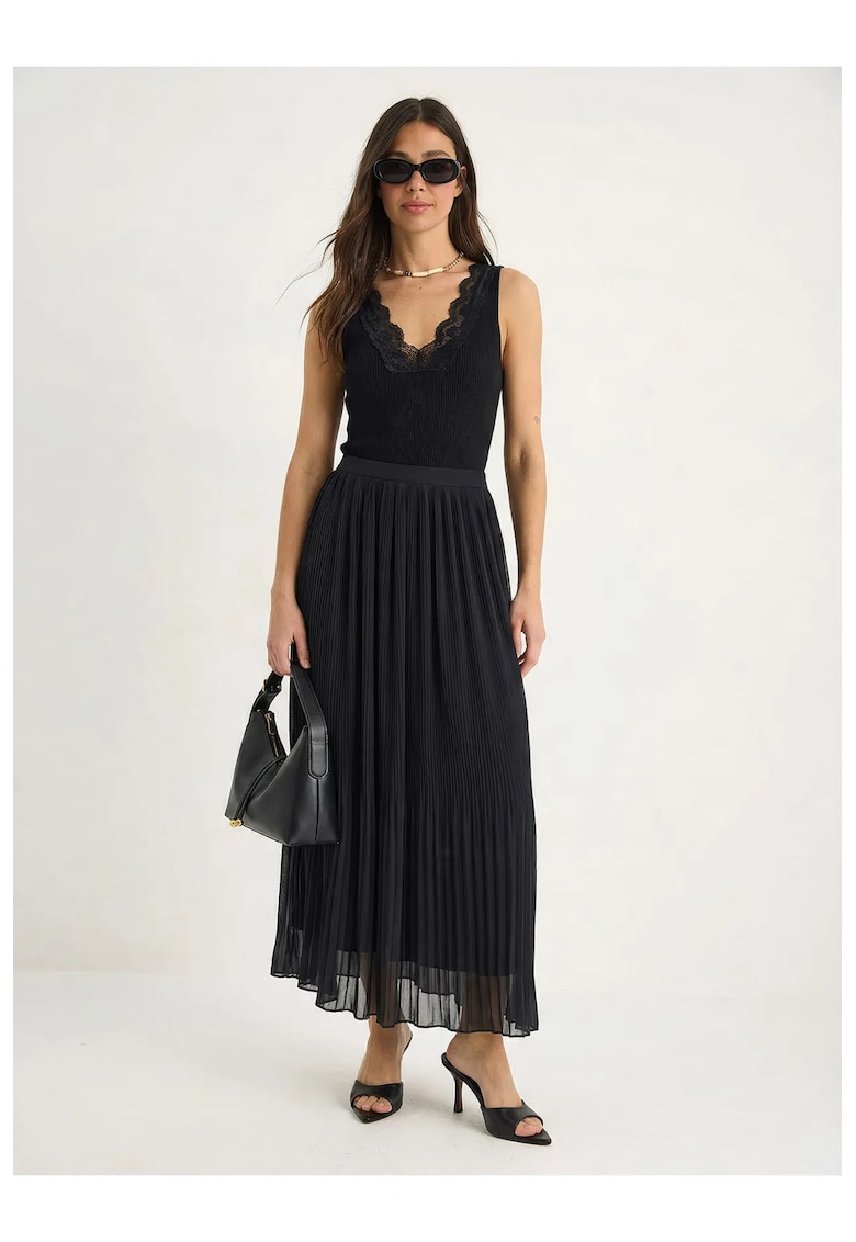 Fusta maxi plisata - talie inalta - neagra - textil