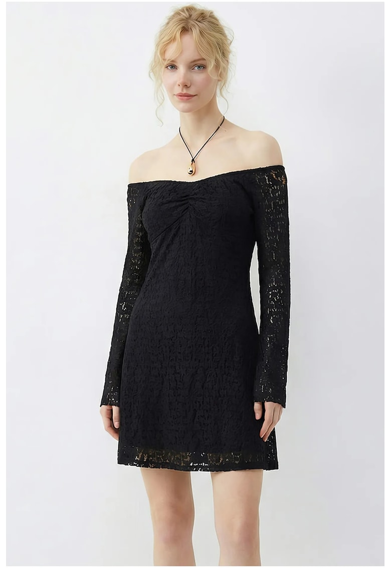 Rochie Mini dama Umeri Goi - Poliester/Elastan - Neagra
