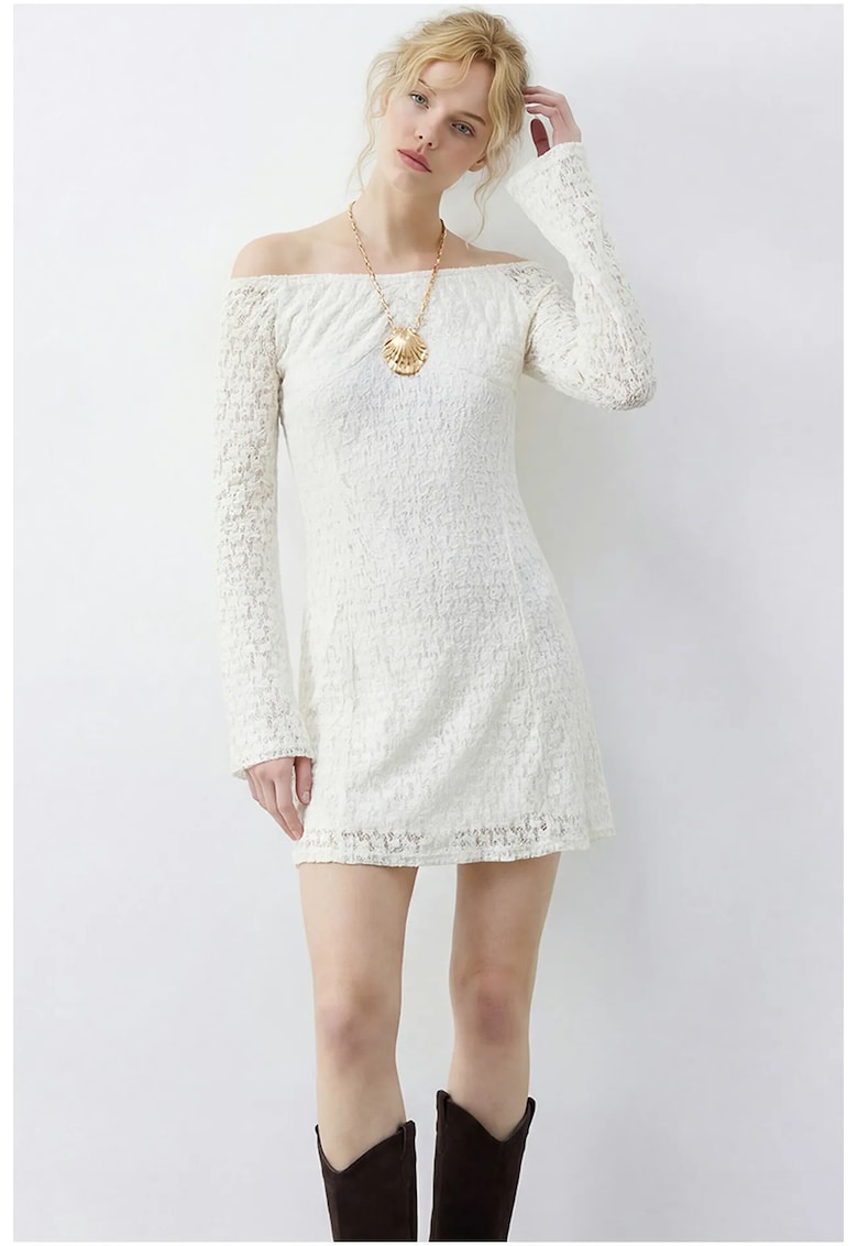 Rochie mini dama - dantela - umeri goi - poliester/elastan - alb