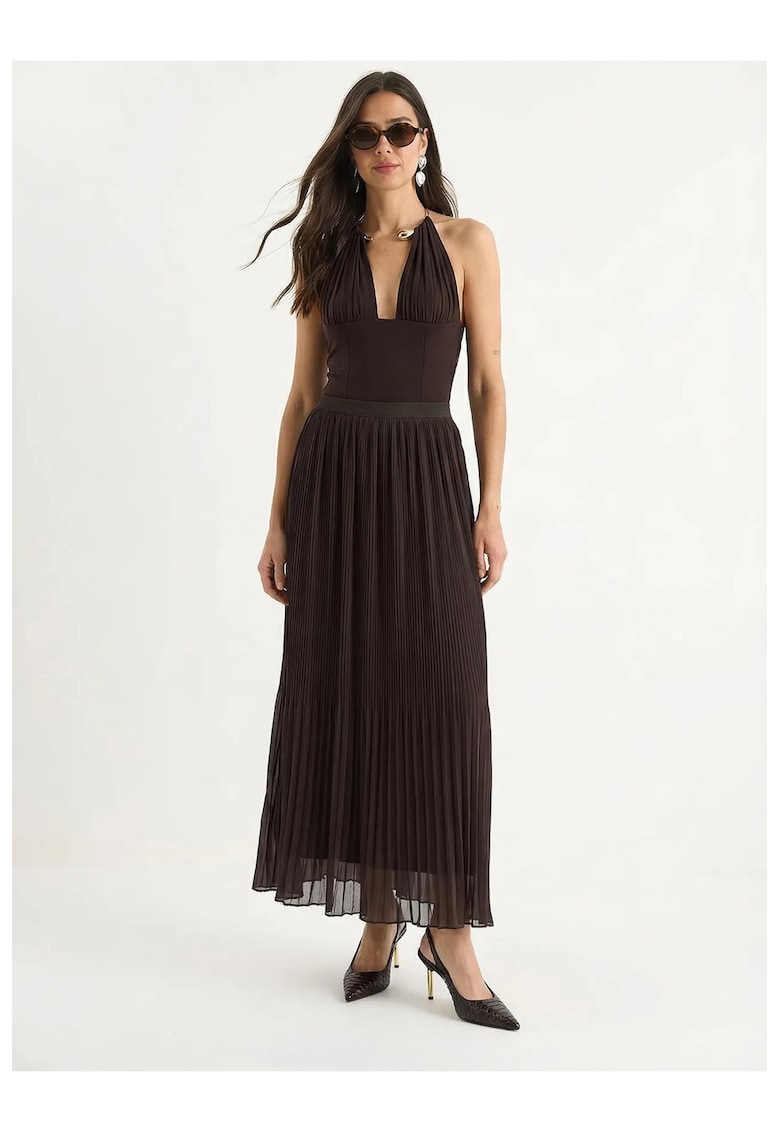 Fusta maxi plisata - talie inalta - maro mocha - textil