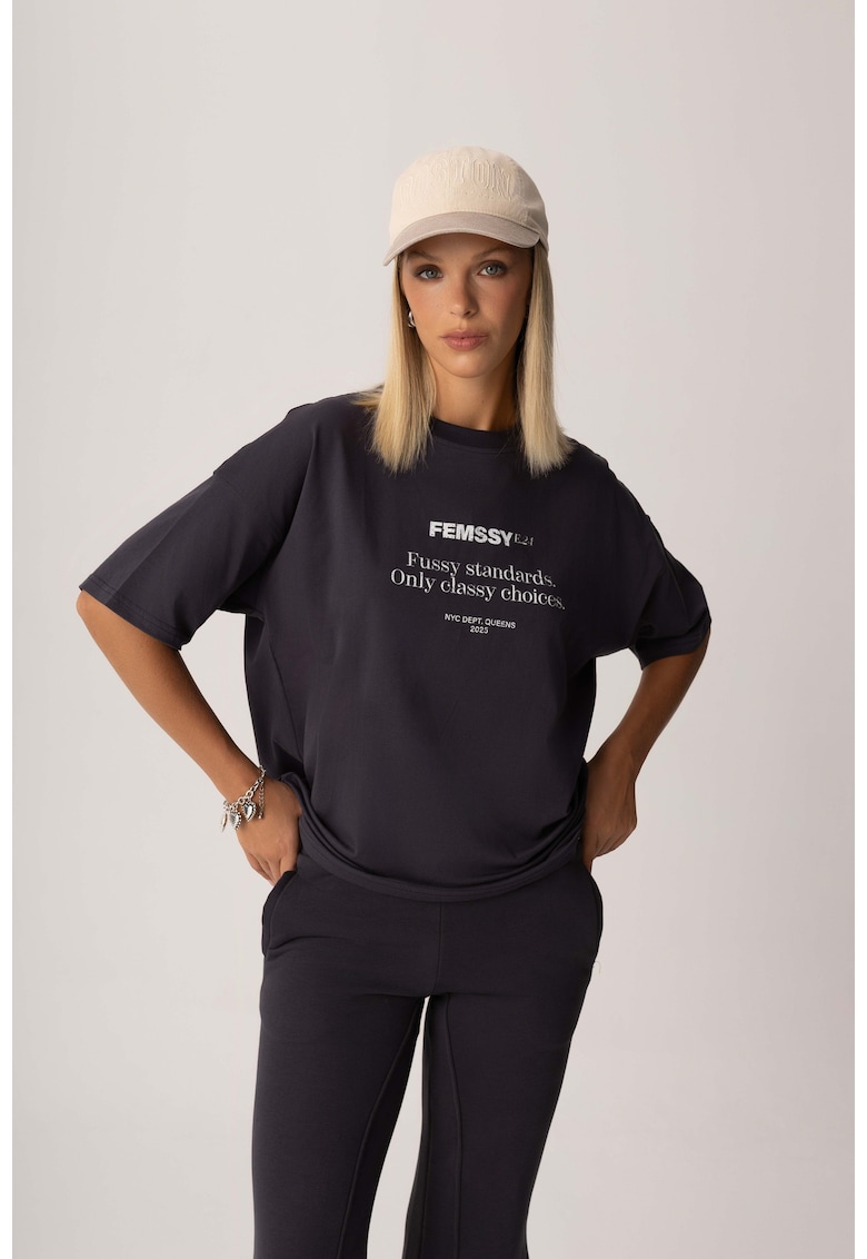 Tricou din bumbac cu imprimeu text Signa - Gri grafit