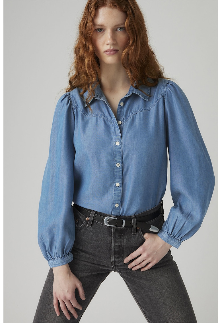 Camasa din chambray cu maneci bufante - Albastru pastel -