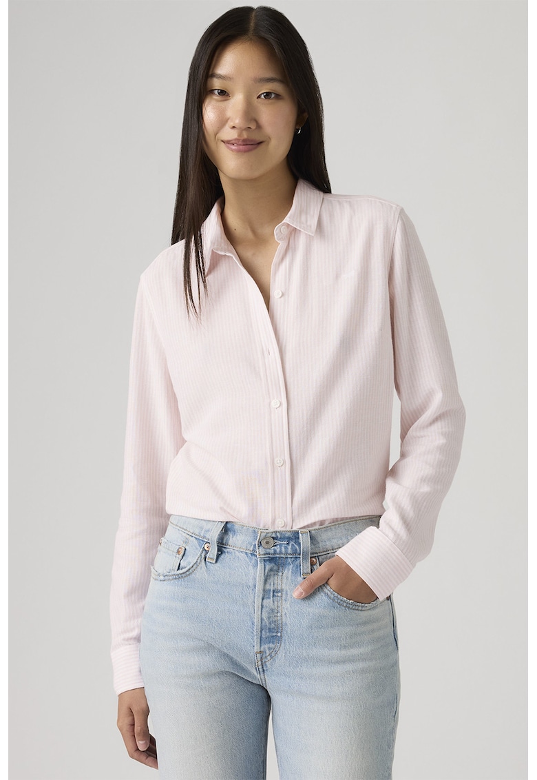 Camasa cu model in dungi si guler ascutit - Roz pastel