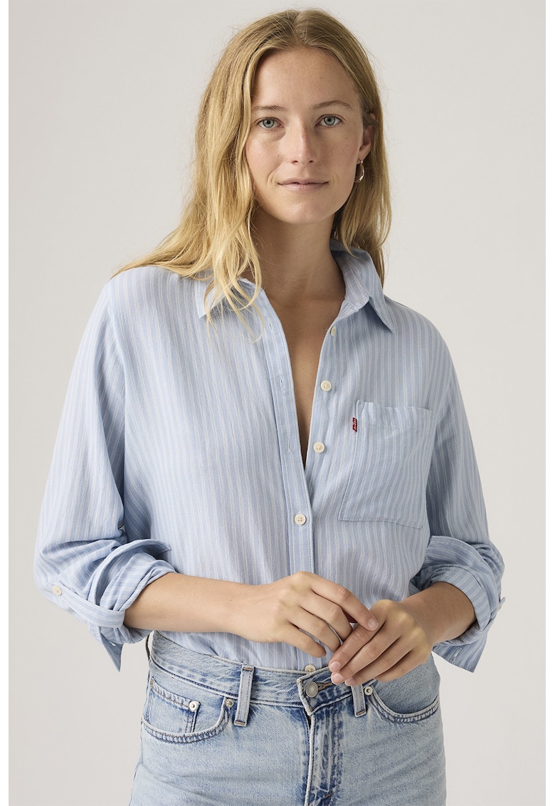 Camasa din amestec de bumbac si in cu model in dungi - Alb/Albastru pal