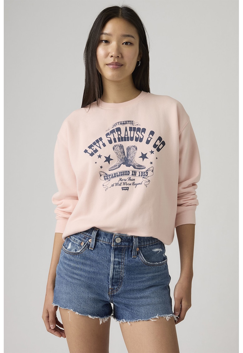 Bluza de trening cu decolteu la baza gatului si croiala lejera - Roz pal/Bleumarin