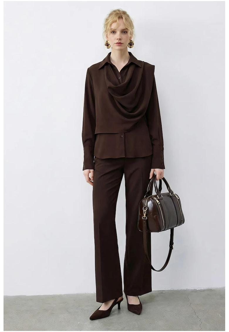 Costum dama - din doua piese - talie inalta - maro - bumbac