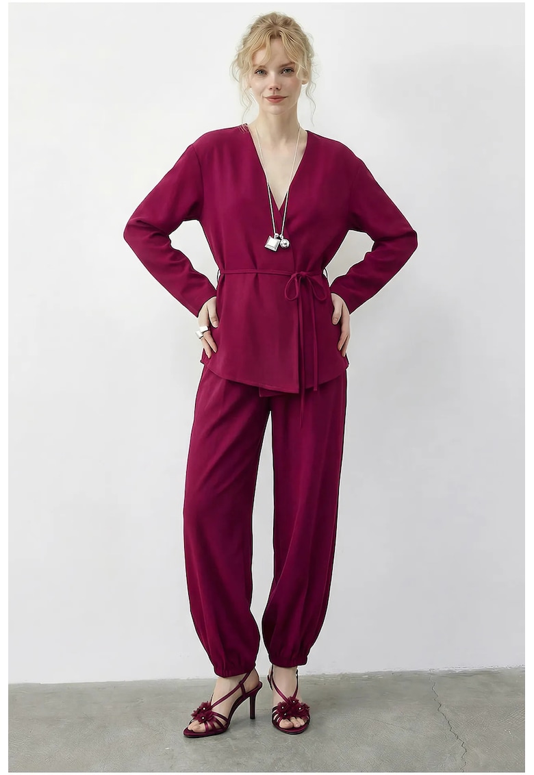 Compleu dama bluza cu decolteu in V si pantaloni - roz magenta - textil -