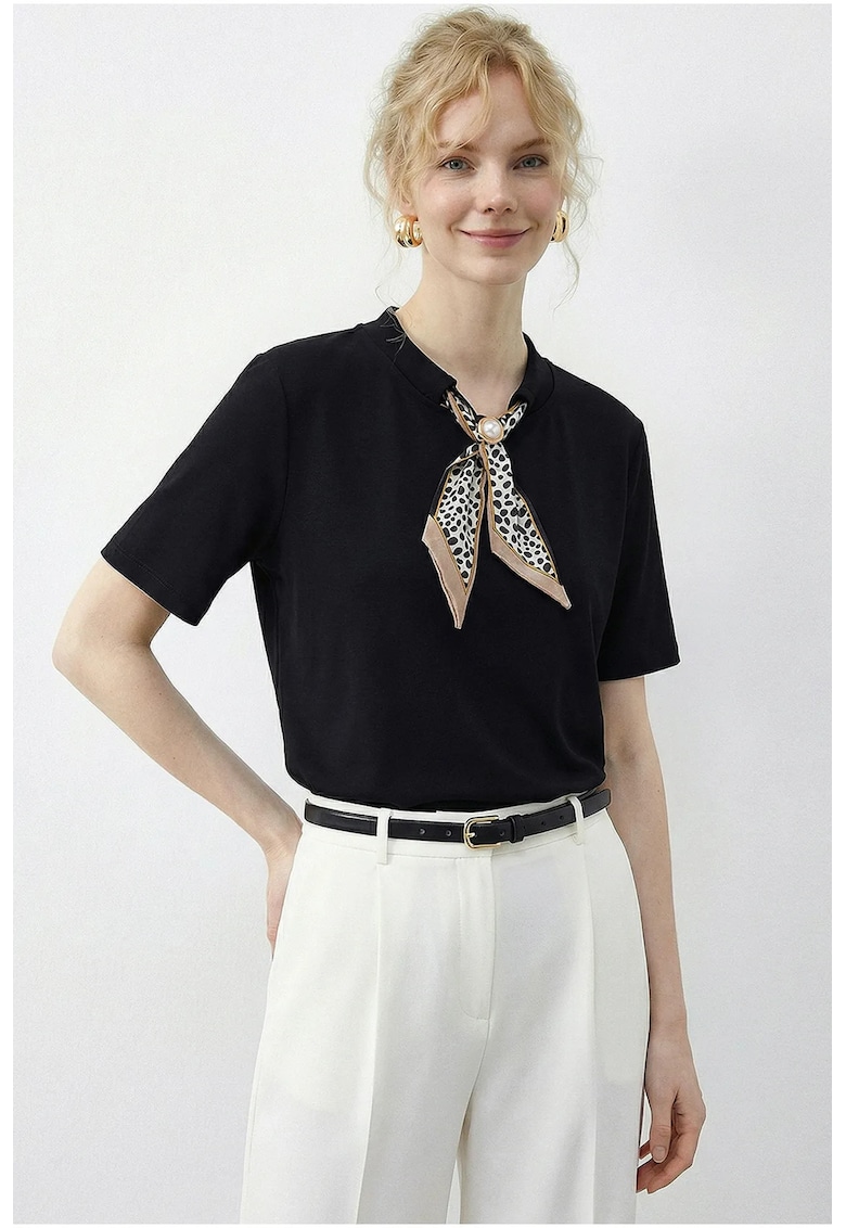 Tricou dama - guler rotund - negru - bumbac