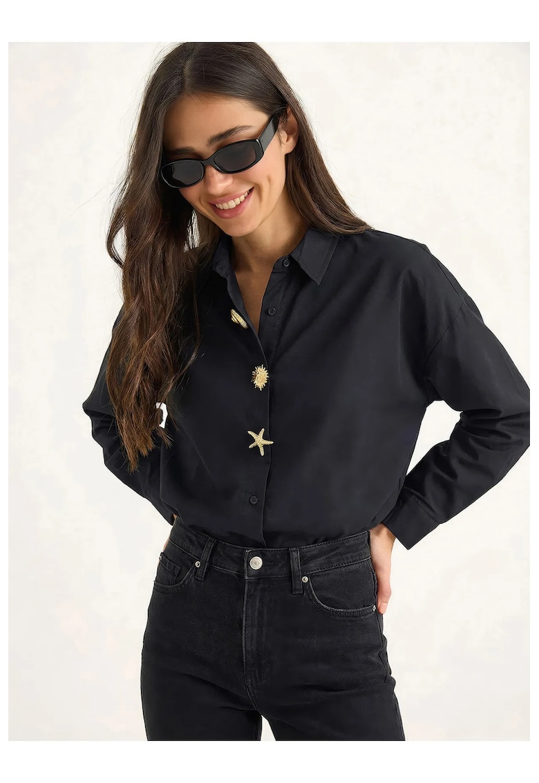 Camasa din poplin - neagra - maneca lunga - cu nasturi