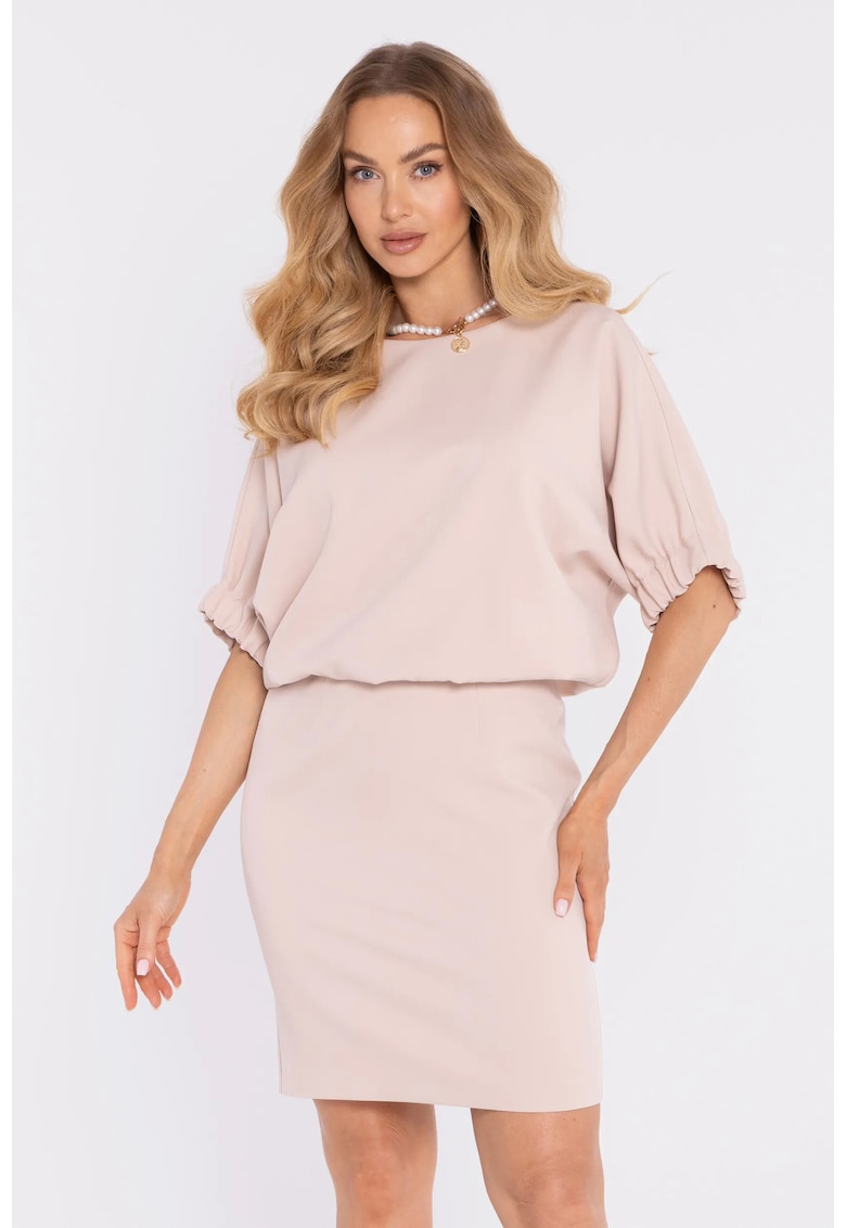 Rochie midi dreapta cu decolteu rotund - Bej