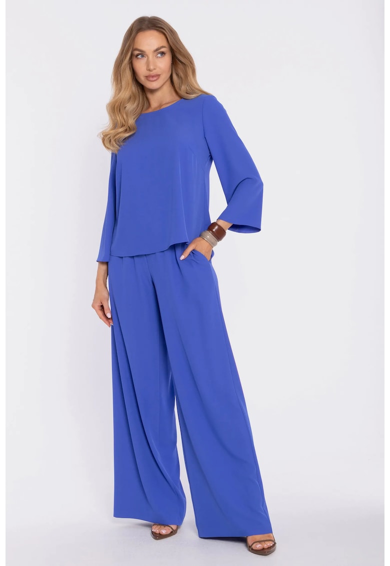 Pantaloni palazzo cu talie inalta si talie elastica - albastru