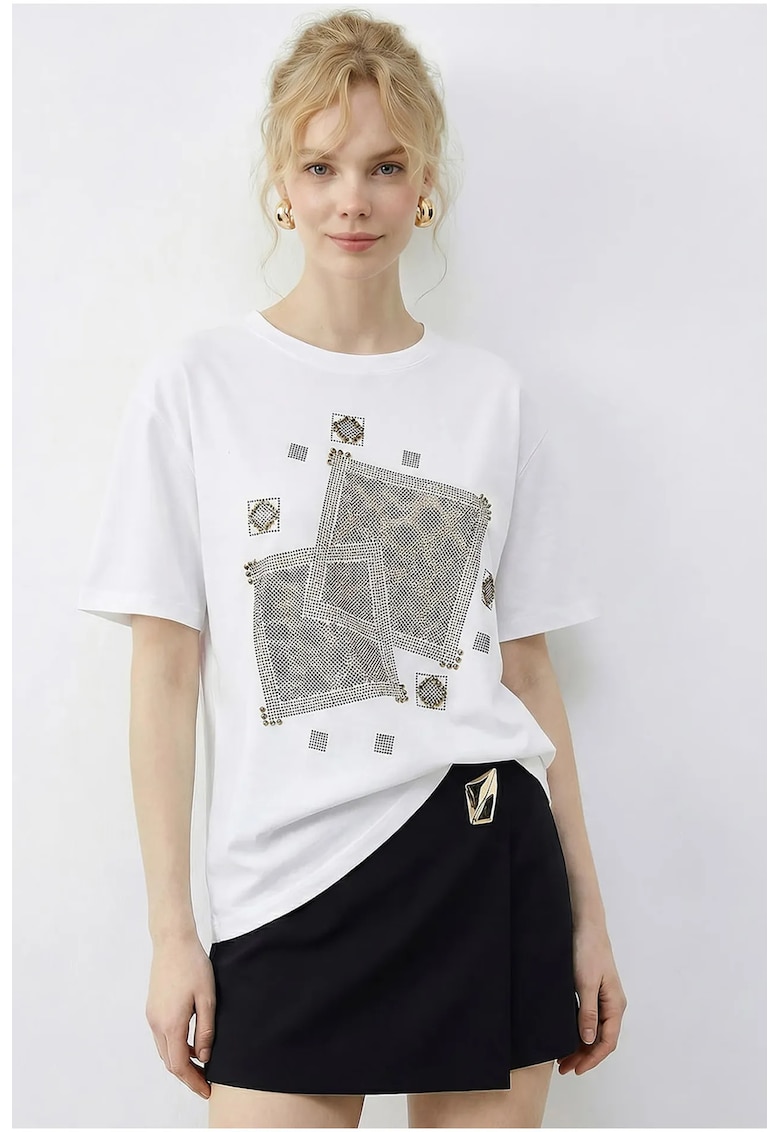 Tricou dama - LUCCI - guler rotund - paiete geometrice - multicolor - bumbac-elastan