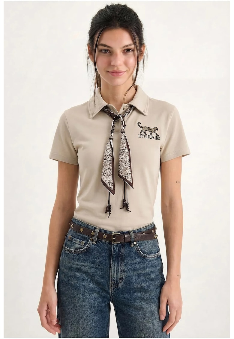 Tricou polo dama broderie si imprimeu - bej natural - bumbac-elastan