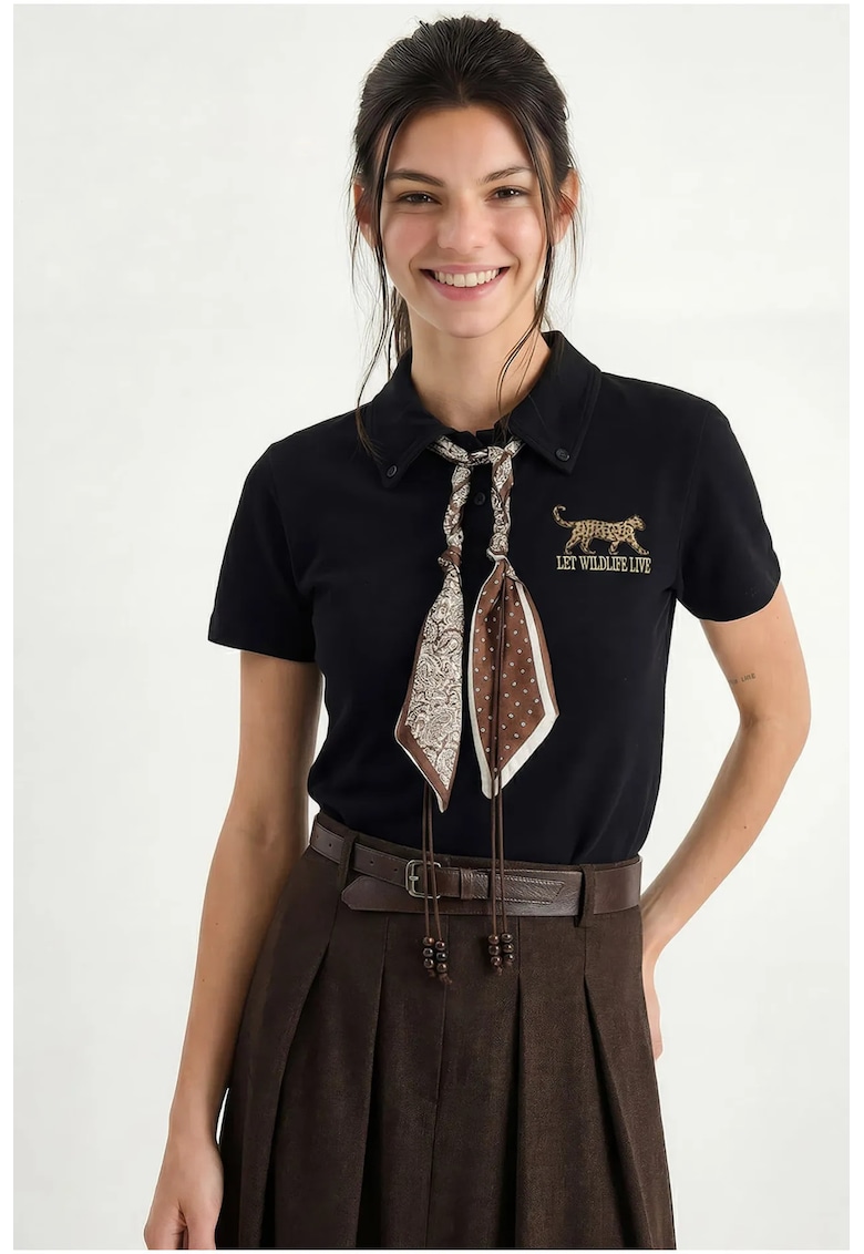 Tricou polo dama - negru - bumbac-elastan - cu broderie text