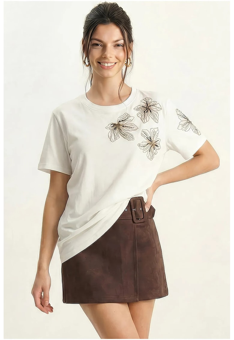 Tricou dama cu broderie florala - alb/negru - bumbac/elastan