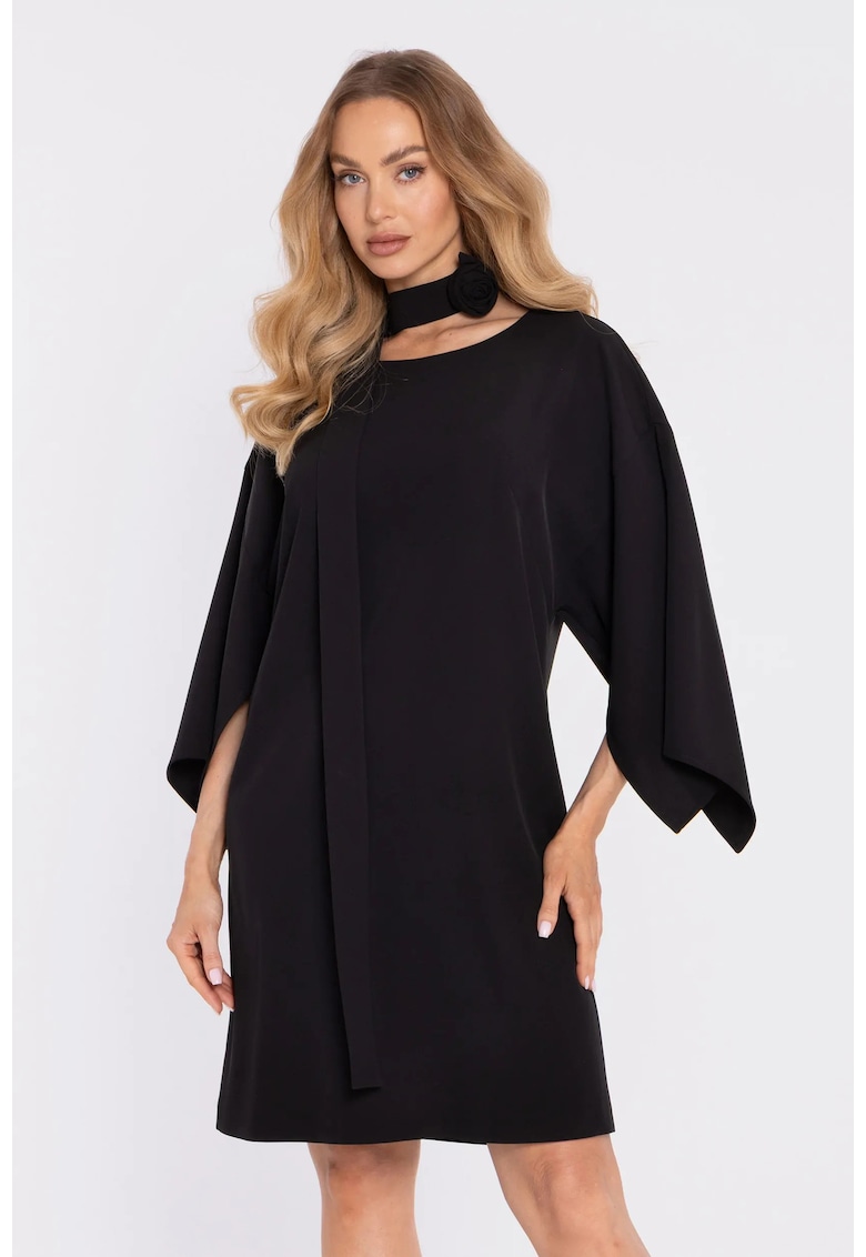 Rochie cu maneci largi si curea decorativa - albastru pudra - Negru