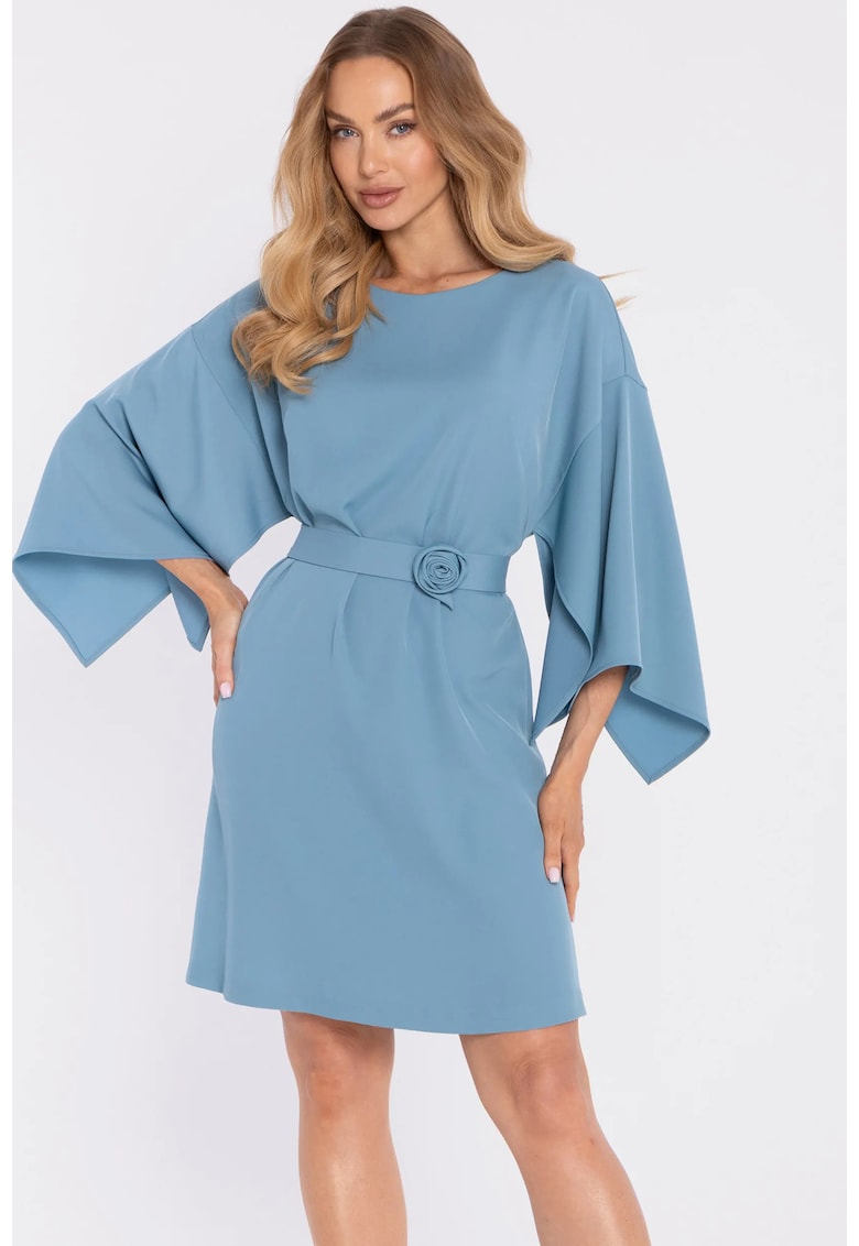 Rochie cu maneci largi si curea decorativa - albastru pudra - Albastru deschis