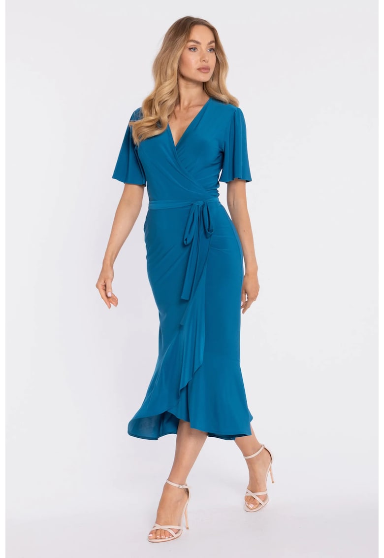 Rochie midi plic cu volan si incretit - negru