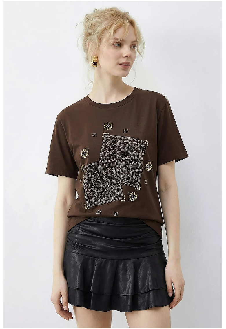 Tricou dama imprimeu geometric cu paiete - maro - bumbac-elastan
