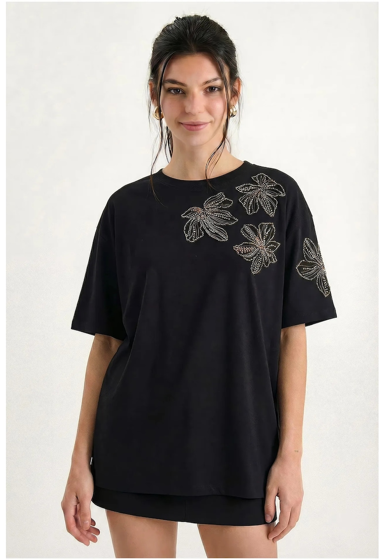 Tricou dama - brodat floral - negru/argintiu - bumbac-elastan