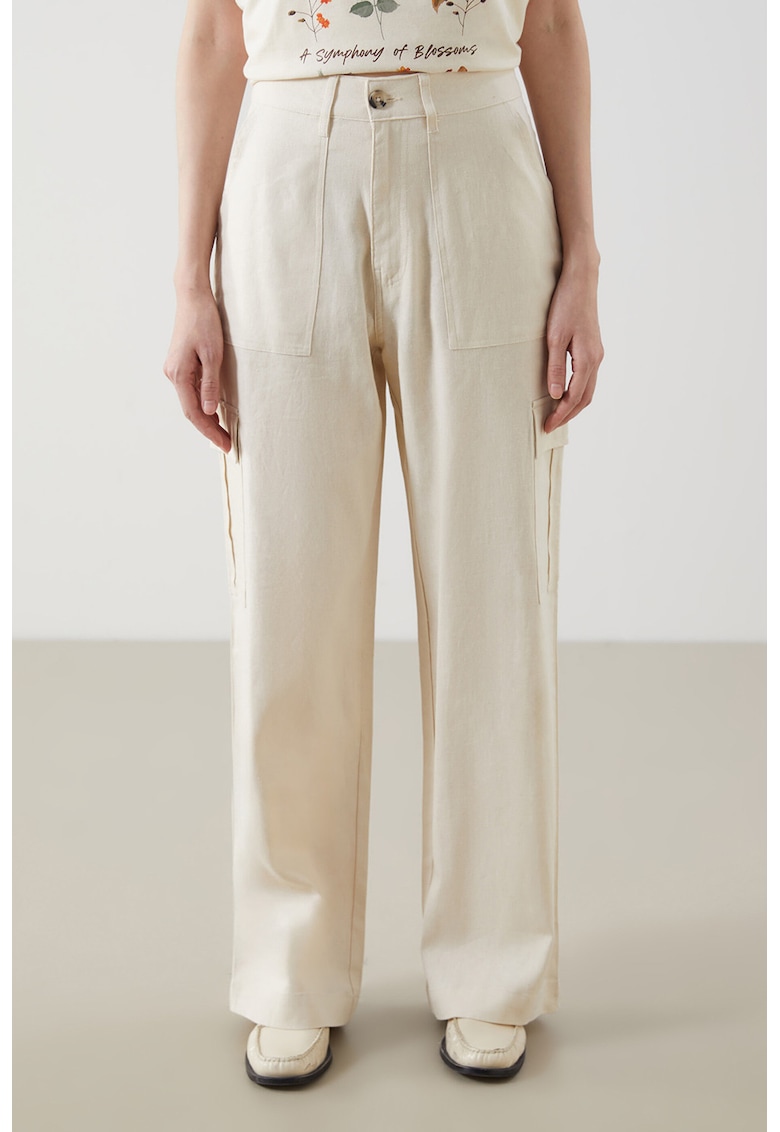 Pantaloni cargo din amestec de in - Alb fildes