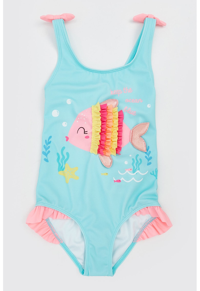 Costum de baie cu bretele incrucisate - Albastru glaciar/Roz