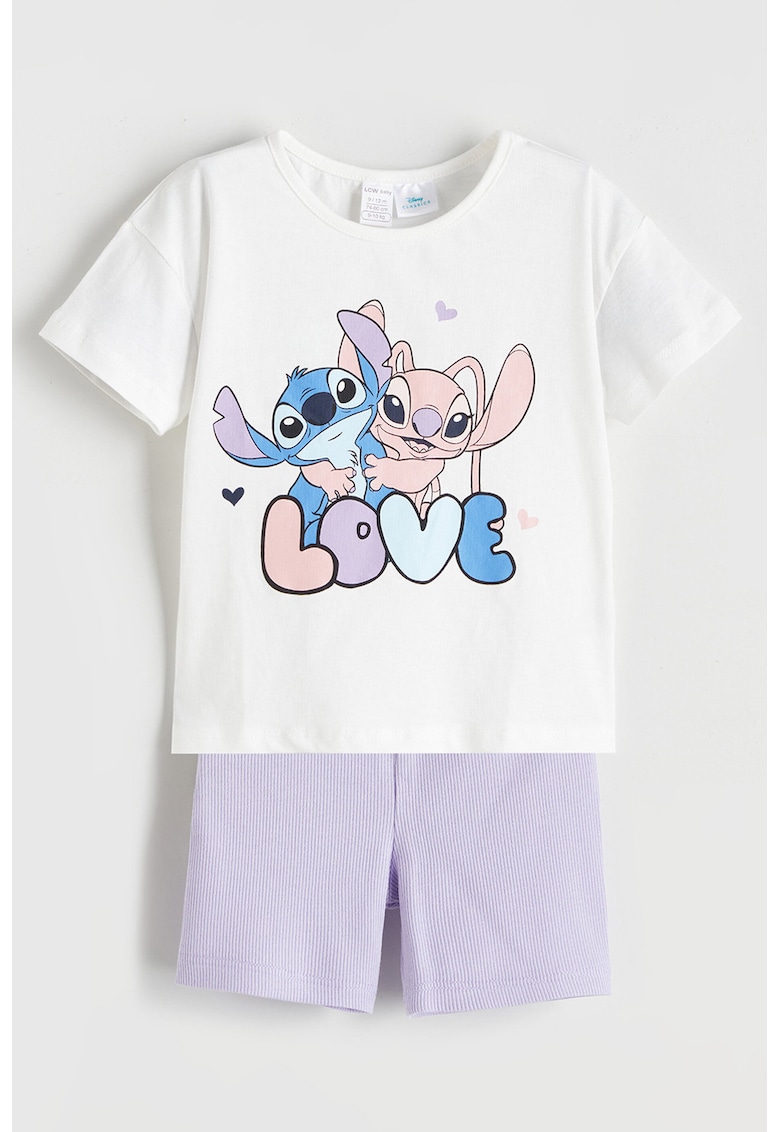 Pijama scurta cu imprimeu Stitch&Angel - Alb/Albastru lavanda/Lila