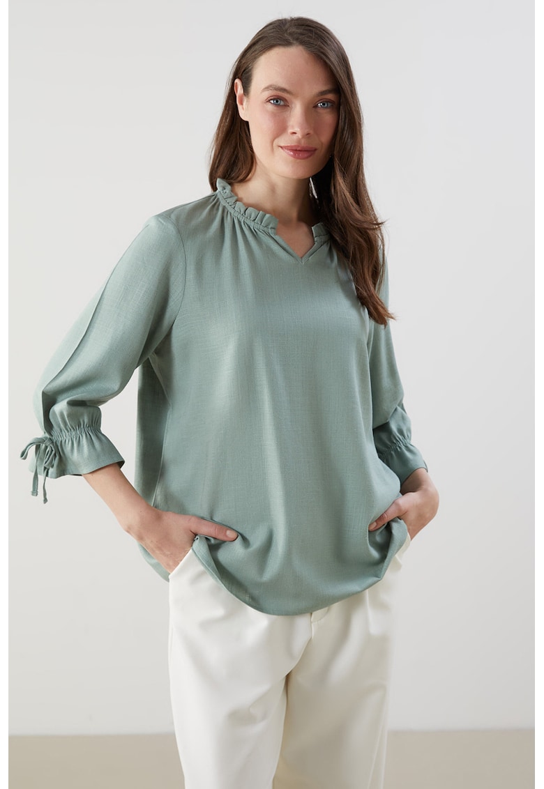 Bluza din amestec de in cu maneci trei sferturi - Albastru aquamarin