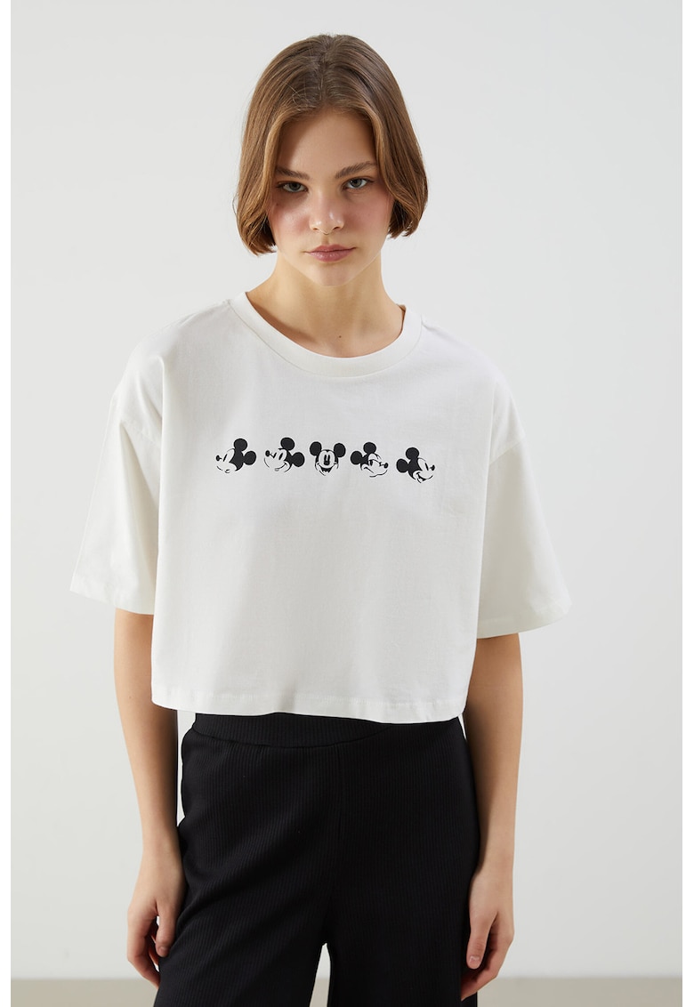 Tricou crop cu model cu desene - Alb optic