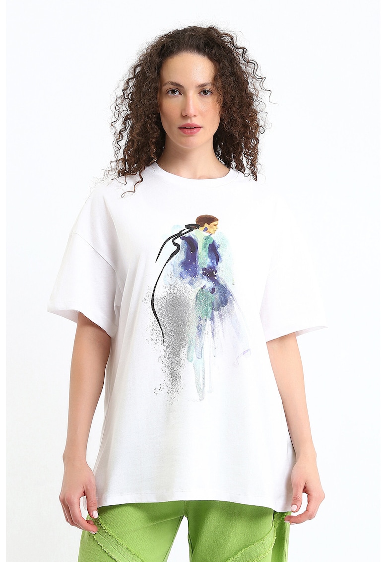 Tricou lejer de bumbac - Albastru inchis/Alb optic