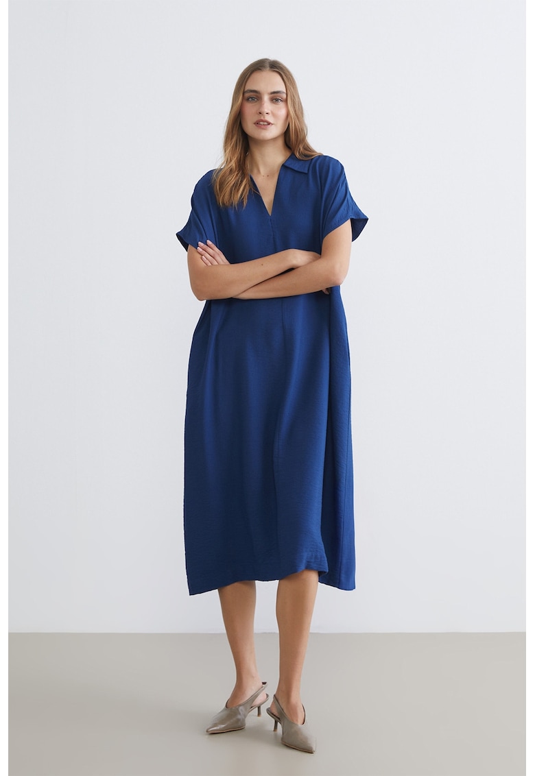 Rochie midi cu croiala dreapta si guler clasic - Albastru inchis