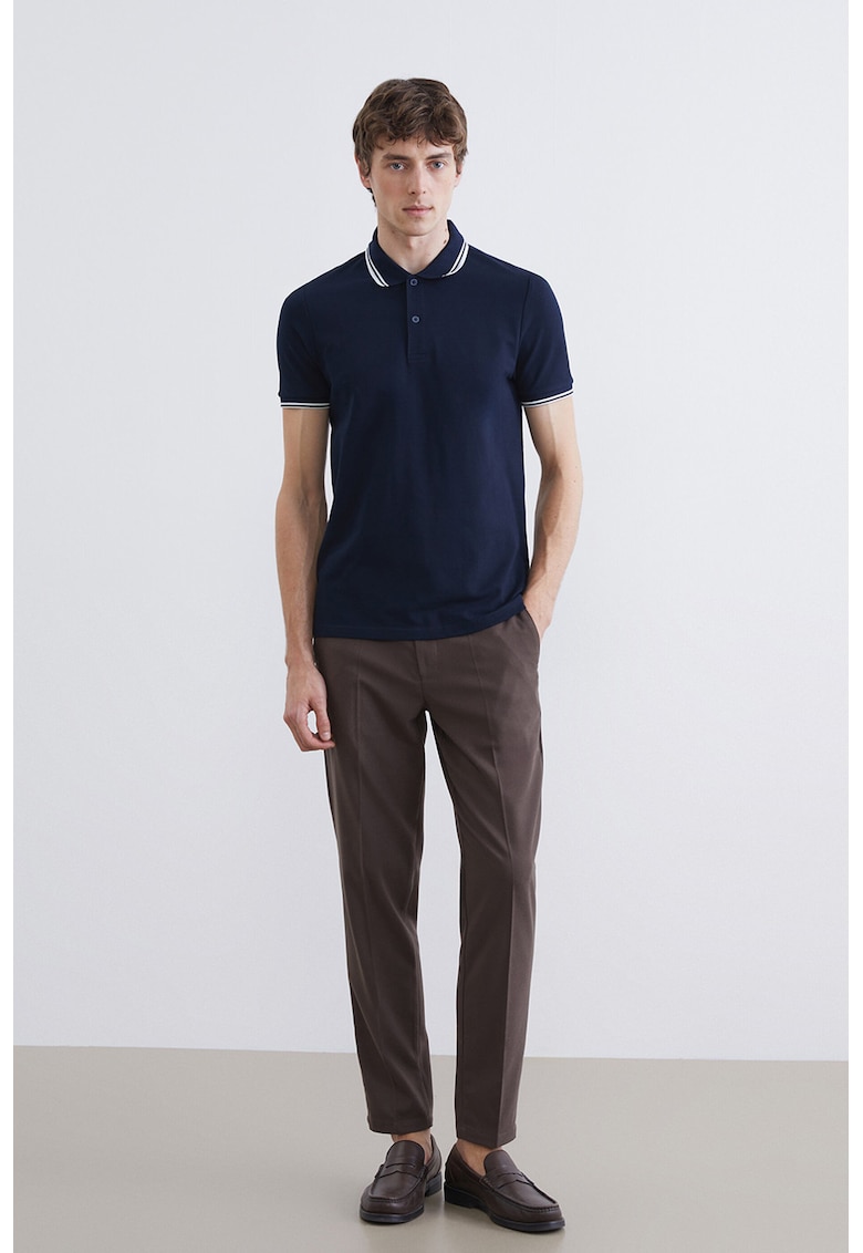 Tricou polo din amestec de bumbac - Alb optic/Bleumarin