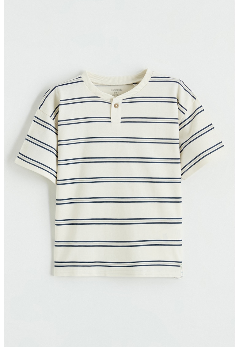 Tricou din bumbac cu model henley si dungi - Alb murdar/Bleumarin