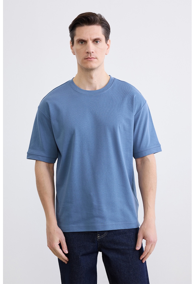 Tricou de pijama cu decolteu rotund si model uni - Albastru indigo