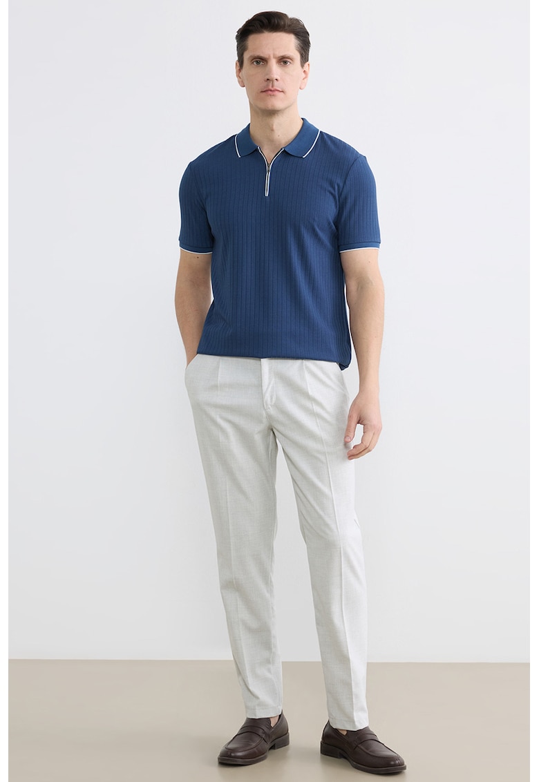 Tricou polo din tricot cu fenta scurta cu fermoar - Albastru inchis/Alb optic